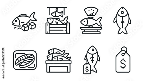 Fish market icons set – fresh, scale, price, ice, tag, display, seafood, carton