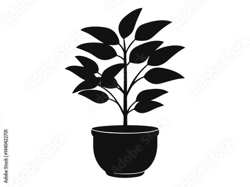 Potted rubber plant icon black silhouette flat sty vector illustration