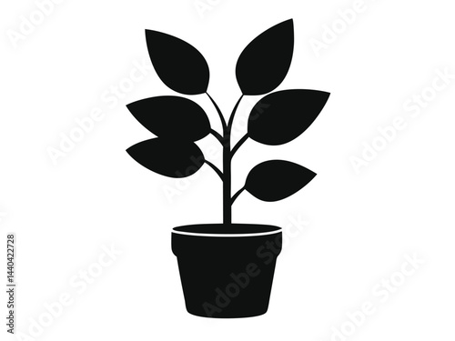 Potted rubber plant icon black silhouette flat sty vector illustration
