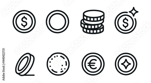 Currency and coin icons set – dollar, euro, stacked coins, shiny coin, empty coin