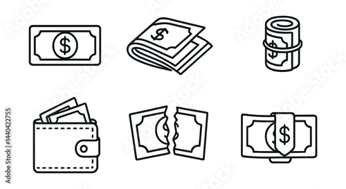 Currency and finance icons set – cash, wallet, bills, dollar, money