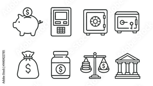 Financial icons set – savings, atm, safe, money bag, coins, scales, bank