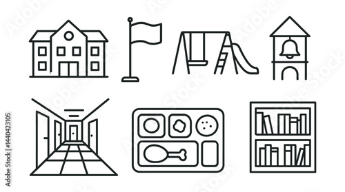 School environment icons set – building, flag, swing, bell, hallway, lunch tray, bookshelf