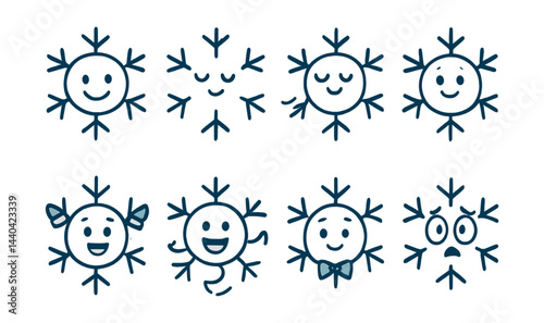 Snowflake emoticons icons set – happy, sad, sleepy, surprised, bow, tie, cute faces