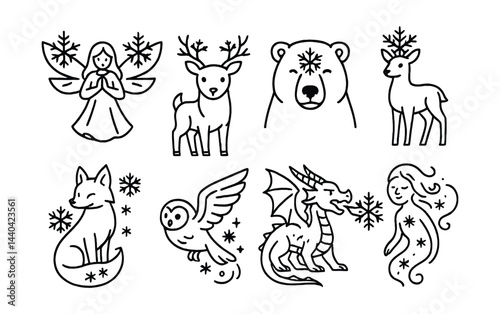 Winter fantasy icons set – angel, deer, bear, fox, owl, dragon, woman
