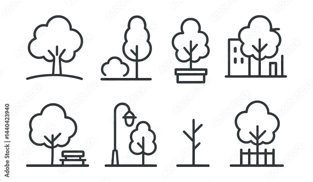 Fototapeta premium Urban nature icons set – trees, bushes, benches, lamp, buildings, fences