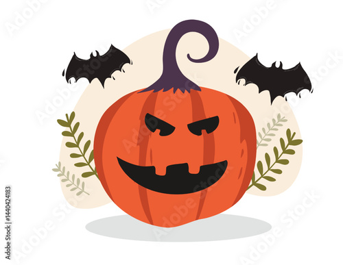 Smiling Pumpkin with Happy Halloween Banner and Bat