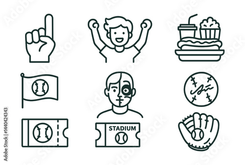 Baseball game icons set – fan, stadium, hotdog, ticket, ball, glove, flag, foam finger