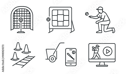Baseball training icons set – net, target, coaching, drills, training, pitching, app, video
