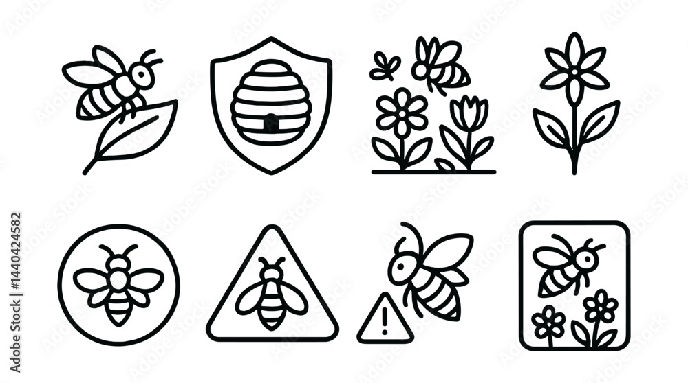 Fototapeta premium Bee conservation icon set – bees, flowers, hive, honeycomb, nature
