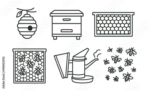 Beekeeping essentials icons set – hive, beehive, honeycomb, smoker, bees