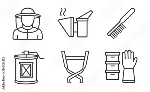 Beekeeping tools and equipment icons set – smoker, hive, frame, comb, extractor, gloves