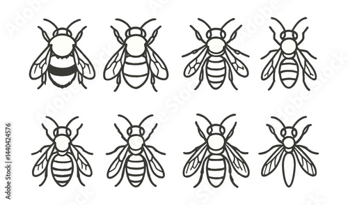 Beekeeping and nature icons set – bumblebee, honeybee, wings, hive, antenna, stripes