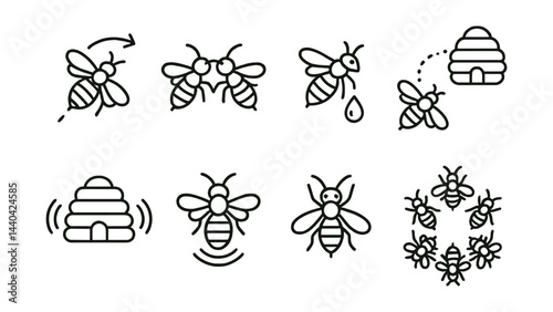 Bee-themed icons set – flying, hive, honey, swarm, buzzing, bee figures