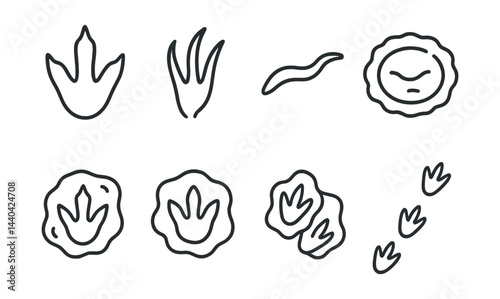 Dinosaur tracks icons set – footprints, claws, fossils, prehistoric, reptile, patterns, nature