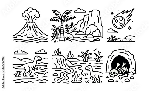 Prehistoric era icons set – volcano, palm tree, dinosaur, meteor, cave