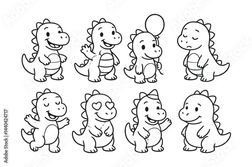 Cute dinosaur cartoon icons set – happy, waving, balloon, sleepy, laughing, love, peaceful, content