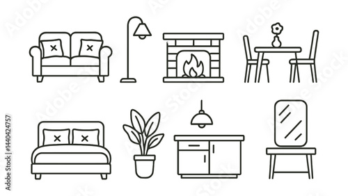 Home furniture and decor icons set – sofa, lamp, fireplace, dining, bed, plant, kitchen, mirror