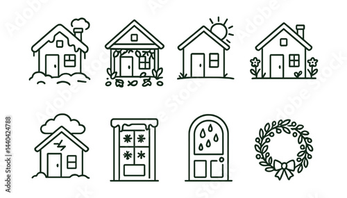 Seasonal house icons set – winter, autumn, summer, spring, home, weather, doorway, wreath