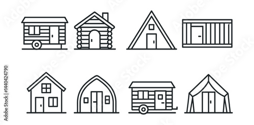 Minimalist housing icons set – tiny house, cabin, a-frame, sheds, cottage, barn, tent