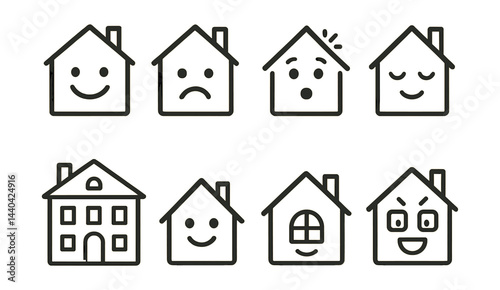 Emotions in home icons set – happy, sad, surprised, relaxed, angry, content