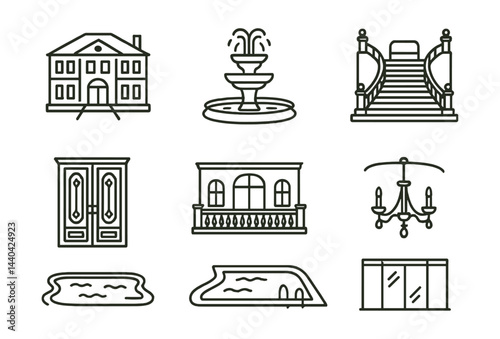 Luxury estate icons set – mansion, fountain, staircase, doors, balcony, chandelier, pool