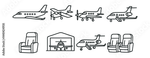 Private jet and aircraft icons set – airplane, helicopter, hangar, seat, jet, aviation, travel, charter