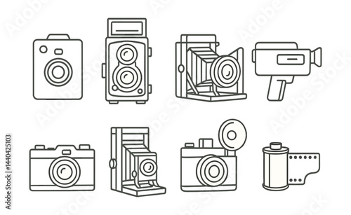 Vintage camera icons set – retro, film, photography, analog, camera, lens, shutter, roll