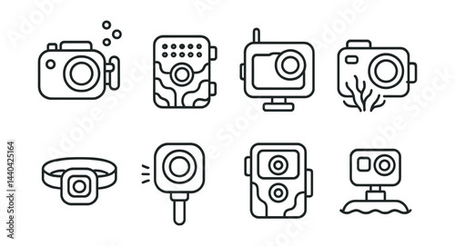 Camera icons set – photography, underwater, action, security, wireless, tech