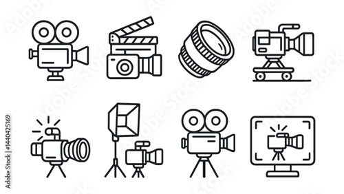 Film equipment icons set – camera, clapperboard, lens, light, tripod, monitor