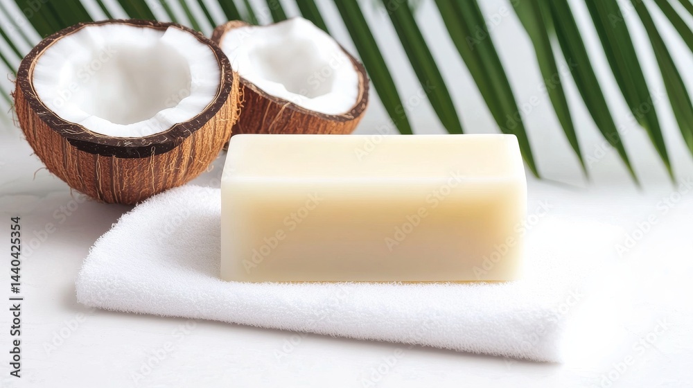 Coconut Soap Bar on Towel with Palm Leaf Background, spa , natural Coconut Soap Bar on Towel with Palm Leaf Background, spa , natural