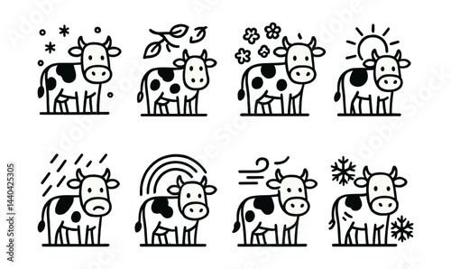 Seasonal cow icons set – spring, summer, fall, winter, floral, rainbow, sun, wind, snow, rain
