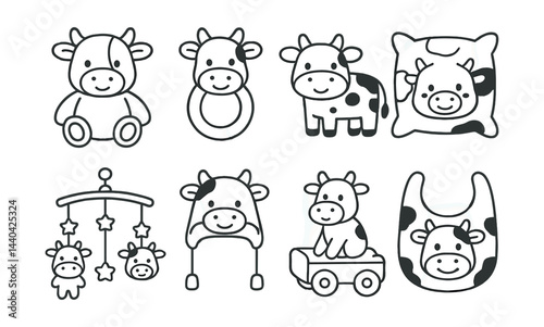 Cute cow baby icons set – toy, bib, pillow, mobile, hat, wagon, bib