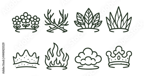 Nature-themed crowns icons set – flowers, antlers, leaves, grass, gems, fire, cloud