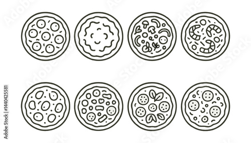 Pizza icons set – pepperoni, mushroom, cheese, veggie, sausage, margherita, hawaiian, supreme