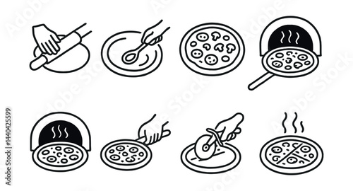 Pizza making process icons set – tools, ingredients, oven, slicing, serving