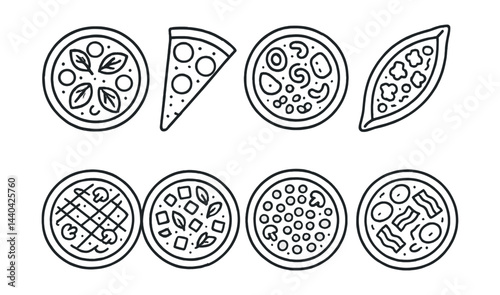 Pizza icons set – slice, toppings, italian, crust, chefs, cuisine, circle, food, fast, meal