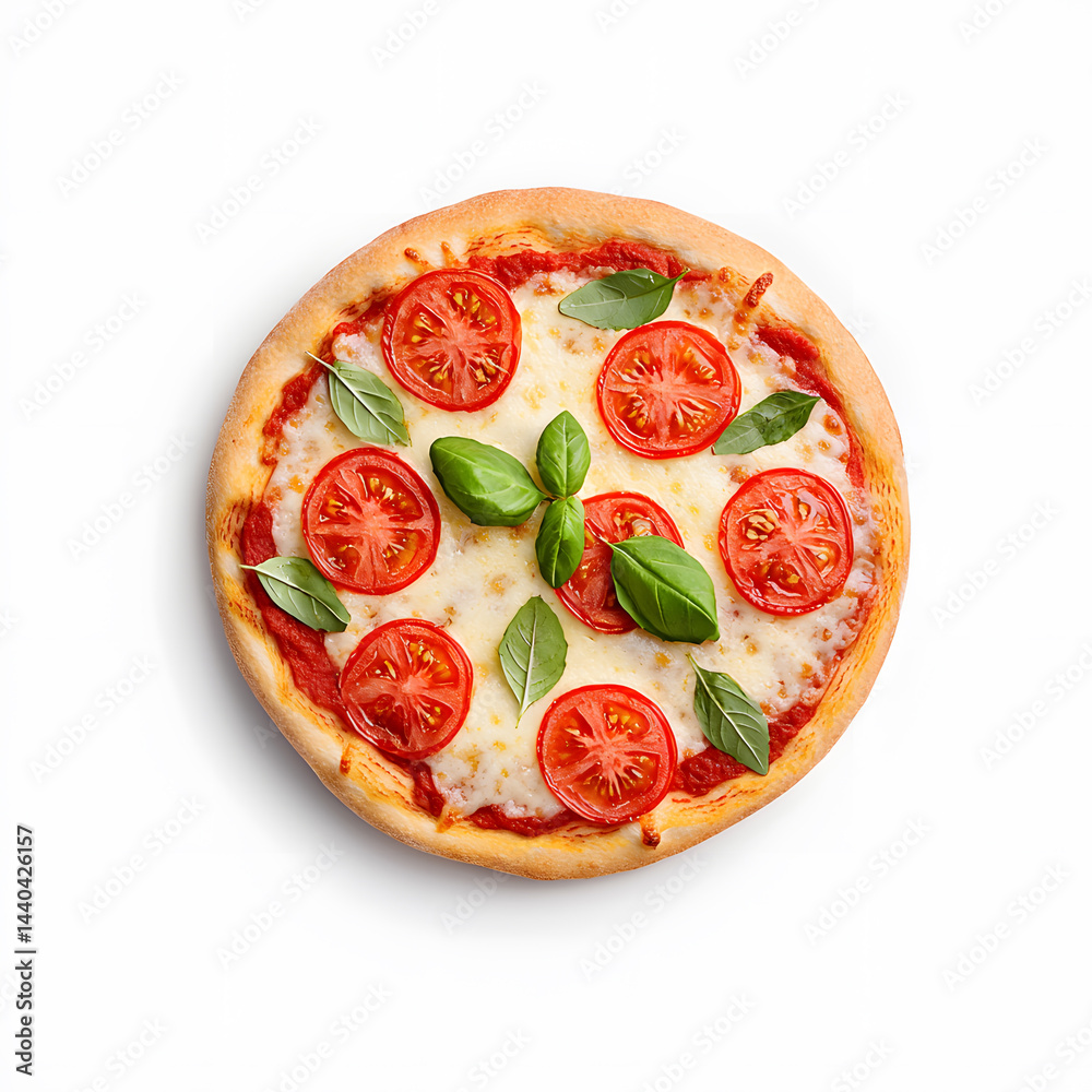 Pizza with basil and salami top view isolated on white Pizza with basil and salami top view isolated on white