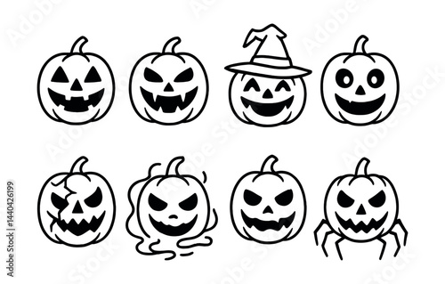 Spooky halloween pumpkin icons set – jack-o'-lantern, witch, skull, spider, evil, scary