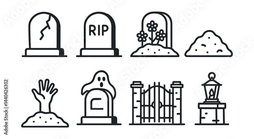 Spooky halloween graveyard icons set – tombstones, ghost, lantern, gate