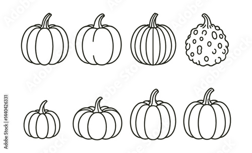 Pumpkin icons set – varieties, outline, autumn, harvest, holiday, decor, squash, seasonal, festive, graphic