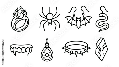 Gothic jewelry icons set – ring, spider, bat, snake, fangs, pendant, choker, crystal