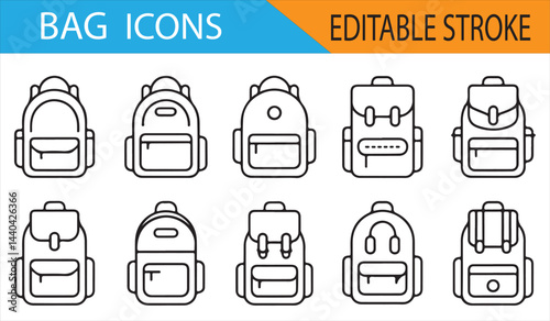 Black and White Backpack Icon Collection for School and Outdoor Equipment Projects
