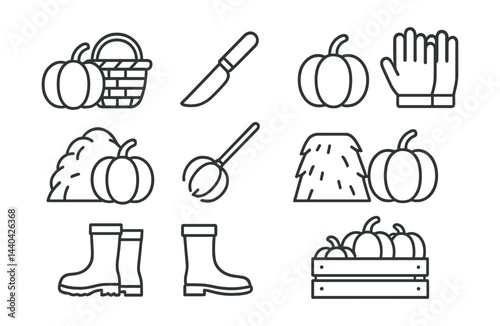 Autumn harvest icons set – pumpkins, basket, knife, gloves, boots, haystack, crate