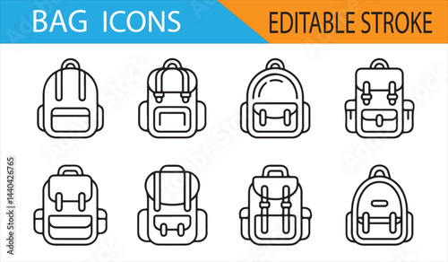 Editable Backpack Icon Set Featuring Various Styles for Branding and Illustration