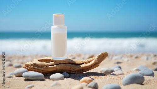 Minimalistic Skincare Product Mockup, White Cosmetic Bottle, Driftwood, Beach Scene, Natural Sunlight, Clean Organic Aesthetic, AI Generated