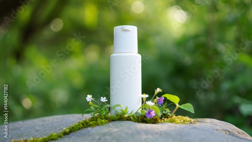 Minimalistic White Cosmetic Bottle Mockup, Natural Outdoor Setting, Stone Surface, Moss and Wildflowers, Soft Sunlight, Organic Beauty, Clean Design, AI Generated
