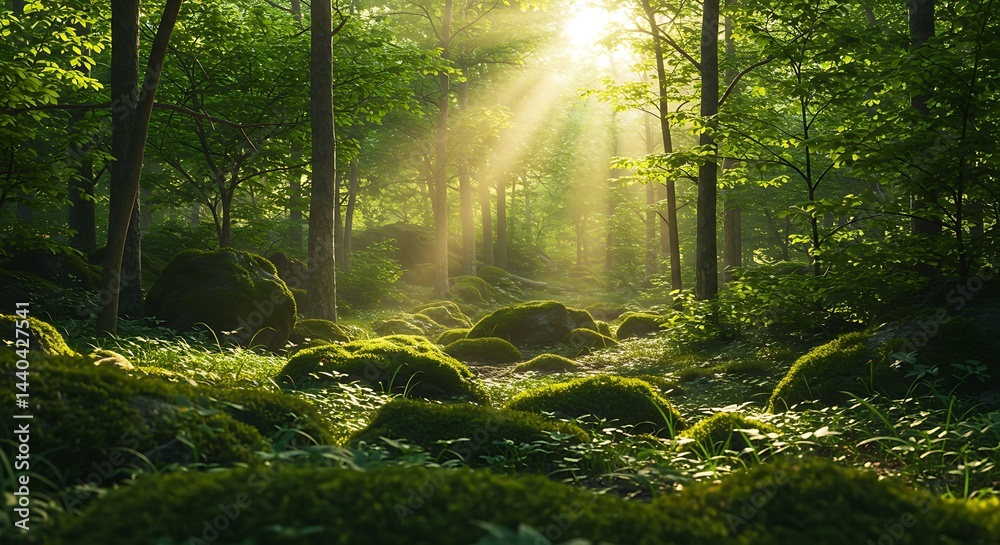 Obraz premium Sunlight Filtering Through Forest Trees with Mossy Rocks and Greenery