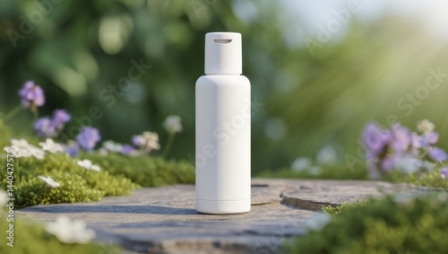 Minimalistic White Cosmetic Bottle Mockup, Natural Outdoor Setting, Stone Surface, Moss and Wildflowers, Soft Sunlight, Organic Beauty, Clean Design, AI Generated