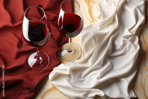 Obraz na płótnie Two glasses of red wine on luxurious red and ivory fabric with elegant folds, top view still life w salonie